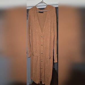 Long Tan Button-Front Women's Cardigan Sweater Dress